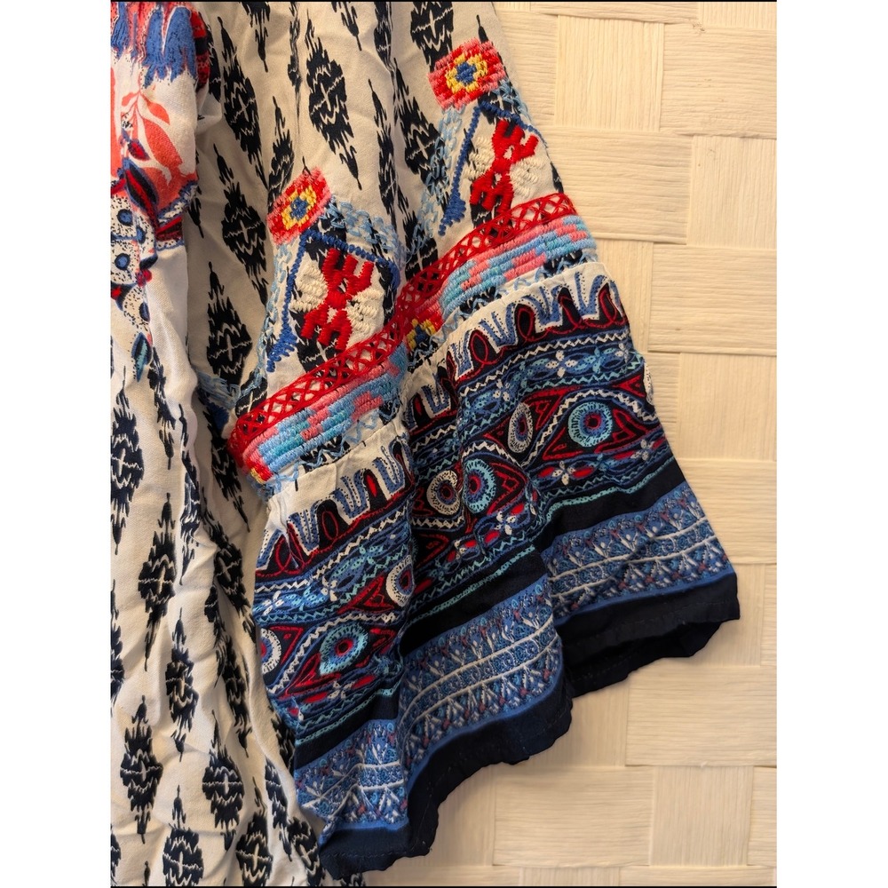 Caleasa Navy Blue Embroidered V-Neck Ikat Floral Boho Tunic Top Large - Picture 13 of 16